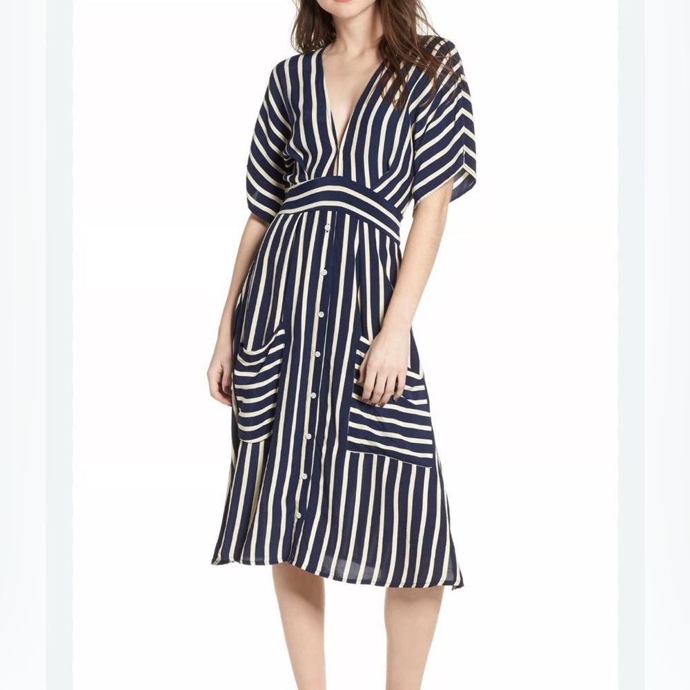 Faithfull the Brand Navy and Cream Striped Midi Dress